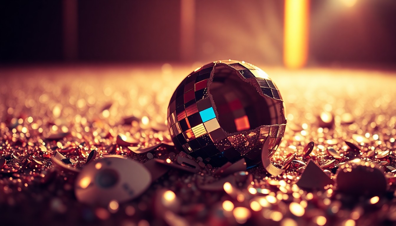 An extreme close-up of shimmering sequins and shattered glass fragments, captured in dramatic studio lighting to evoke the glamour and energy of the Coachella music festival.