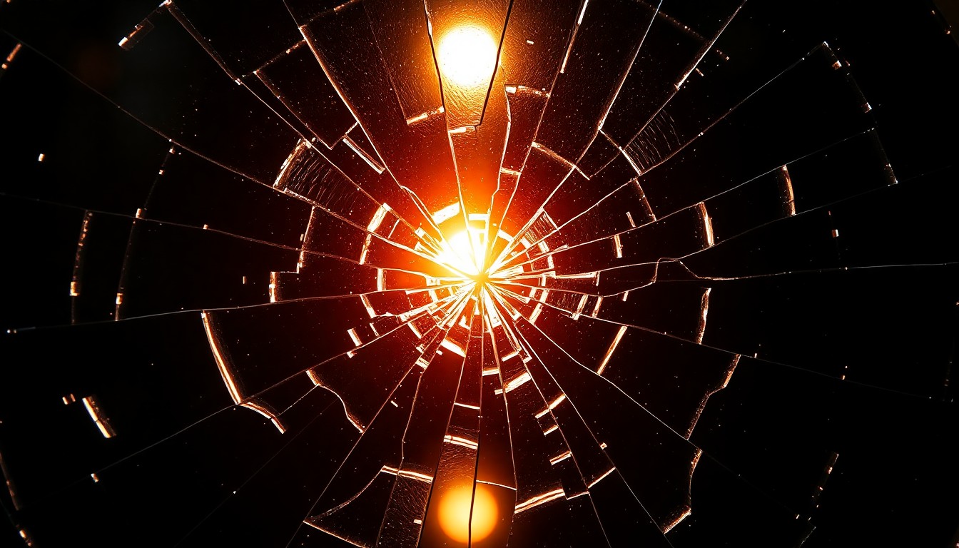 An abstract close-up photograph of a shattered glass surface, reflecting a faint spotlight and creating a high-contrast, high-fashion aesthetic that conceptually represents the disruption and danger surrounding the stalking incident.