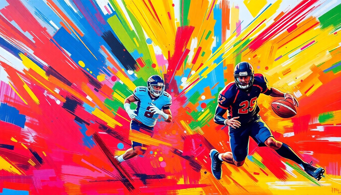 An abstract, expressionist painting in neon colors depicting the dynamic energy and movement of high school athletes in action.