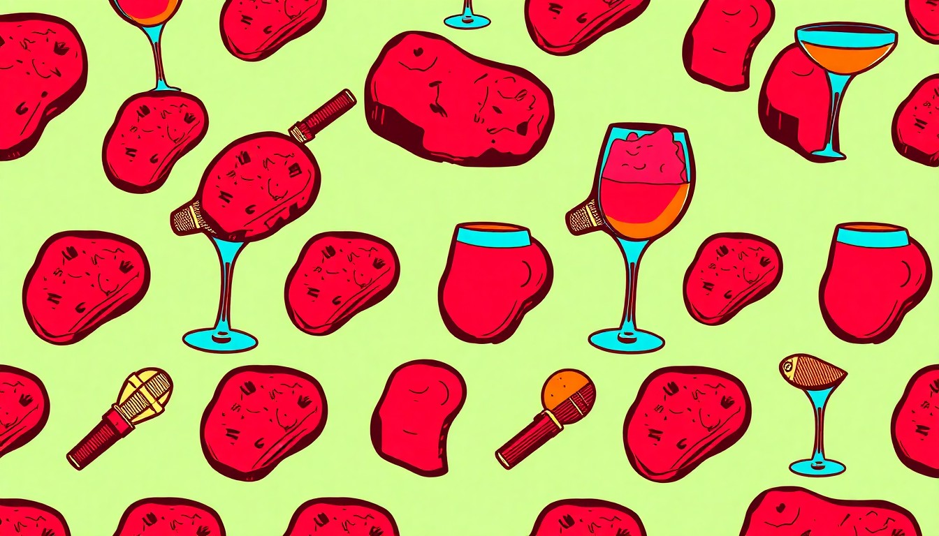 A high-contrast silkscreen print in neon colors featuring multiple images of a steak, cocktail glass, and microphone repeated in a grid pattern, conceptually representing the diverse menu and entertainment offerings of the new Jimmy B's restaurant.