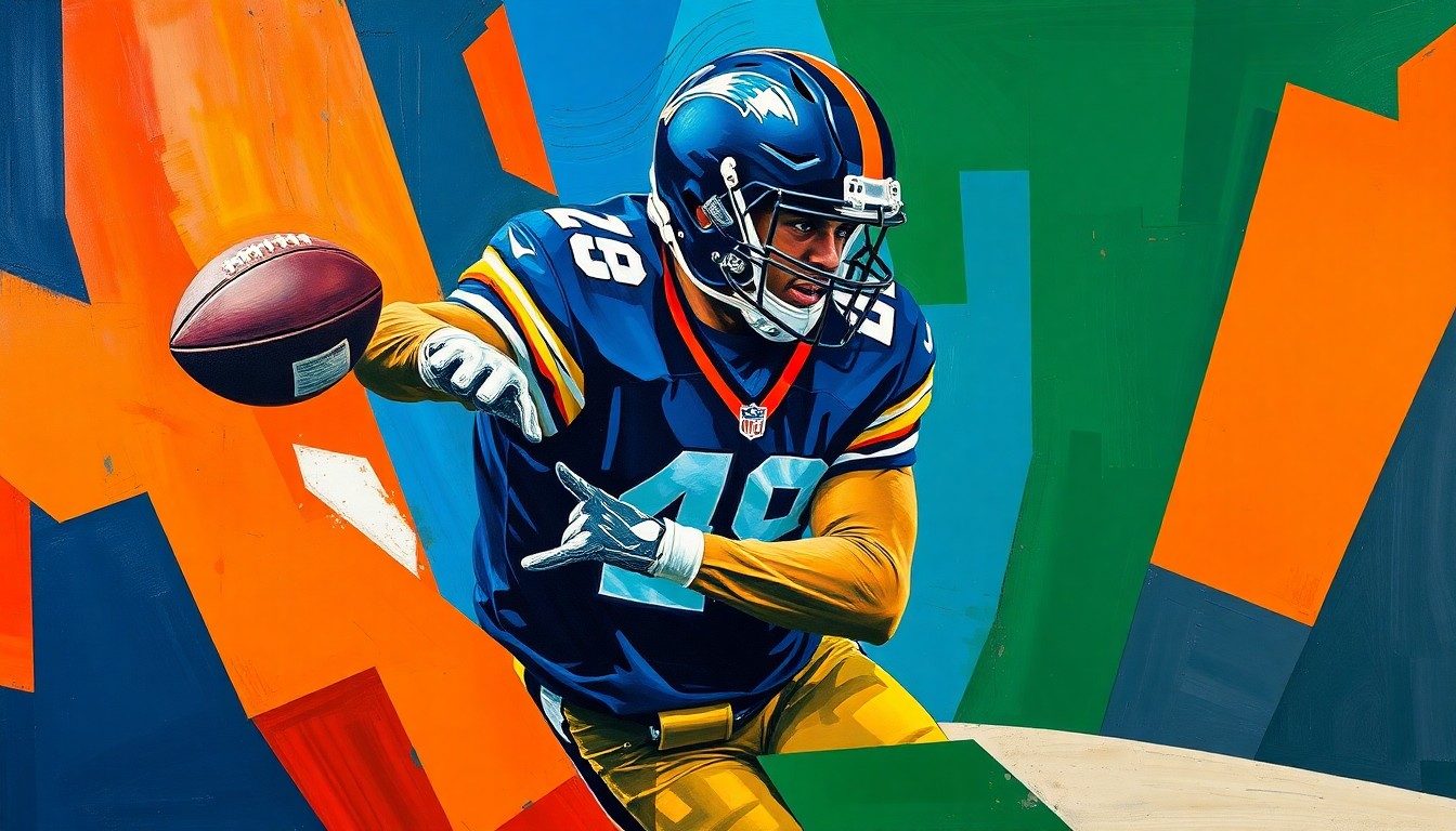 A fractured, geometric painting depicting a defensive back making an interception, with sharp planes of navy blue, burnt orange, and forest green overlapping to create a dynamic, abstract composition.