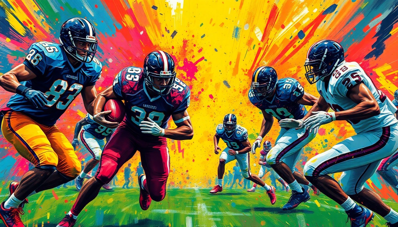 An abstract expressionist painting in neon colors depicting the chaotic energy and movement of a semi-pro football game, with players' forms dissolving into unrecognizable brushstrokes.
