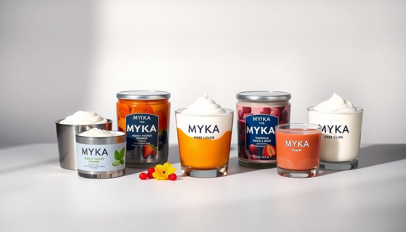 A high-end, photorealistic studio still-life photograph featuring an arrangement of premium, polished stainless steel and glass containers filled with rich, creamy Greek yogurt in various flavors, elegantly arranged on a clean, monochromatic seamless background using sharp, dramatic studio lighting and deep shadows to represent the artisanal quality and premium nature of the products.