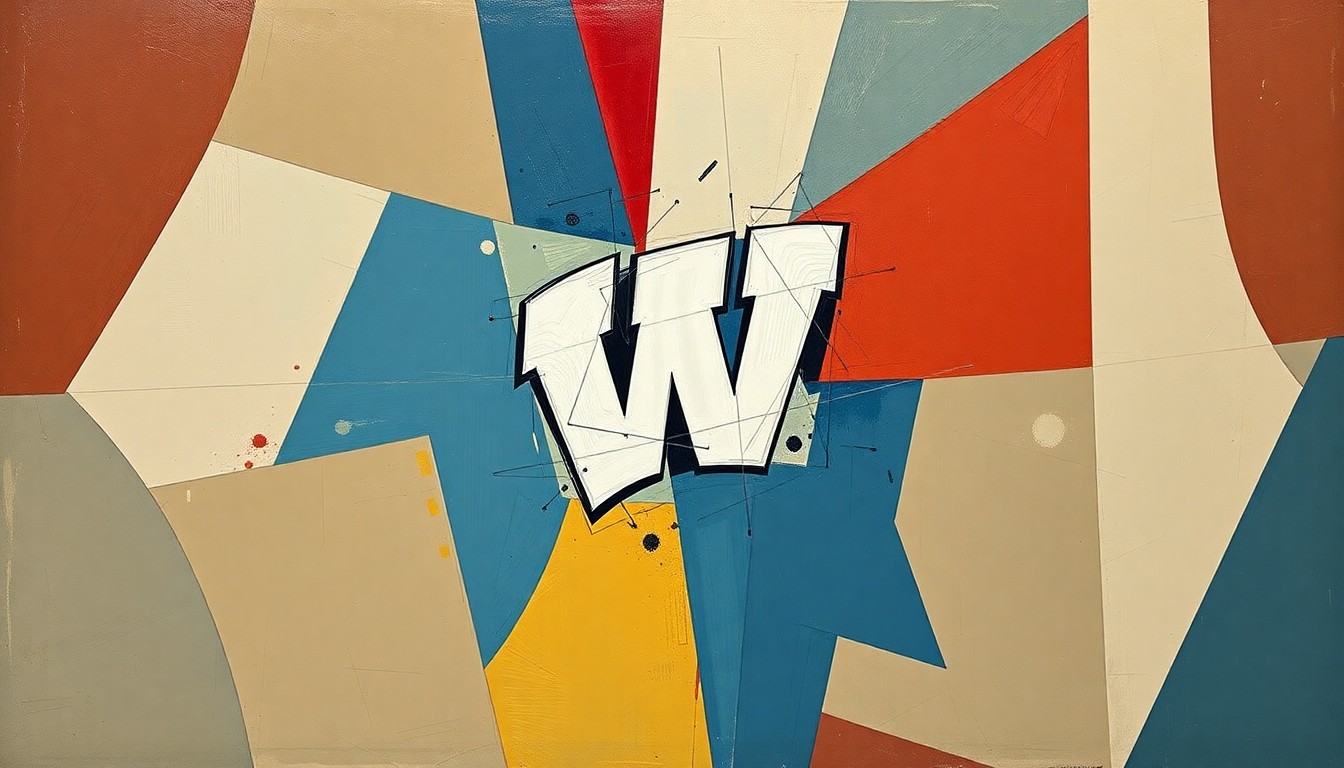 A cubist, geometric painting depicting the Wisconsin football program in a state of transition, with overlapping planes of muted earth tones and blues, hinting at the tension and uncertainty surrounding the team's leadership.