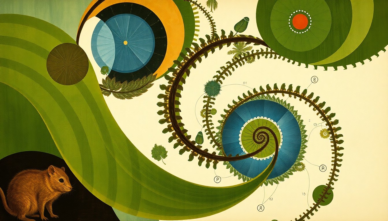 A highly structured abstract painting in earthy tones, featuring sweeping geometric arcs, concentric circles, and precise botanical spirals, conceptually representing the complex genetic relationships and invasion pathways of the nutria rodent.