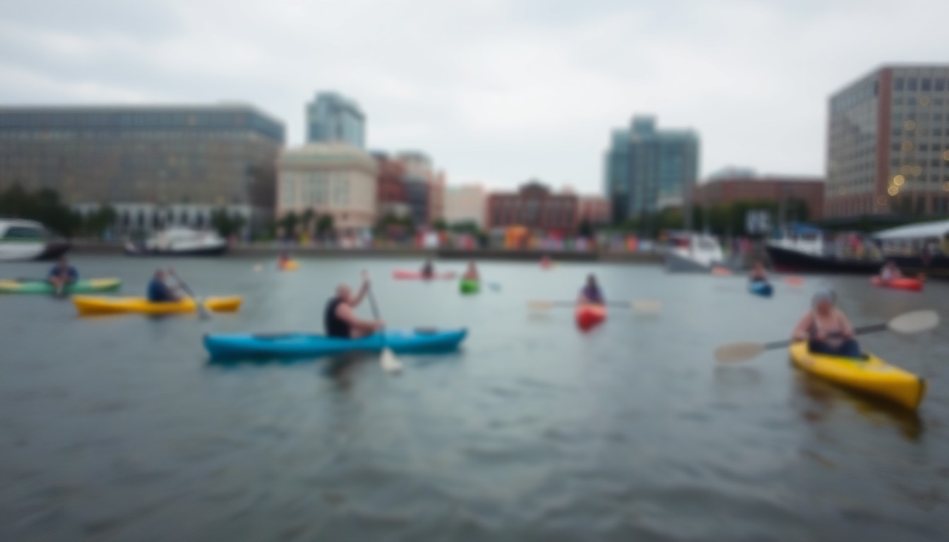 An abstract, impressionistic scene of people enjoying various water sports and activities along Baltimore's Inner Harbor, captured in a soft, hazy, and out-of-focus photographic style that evokes a sense of joy and celebration.