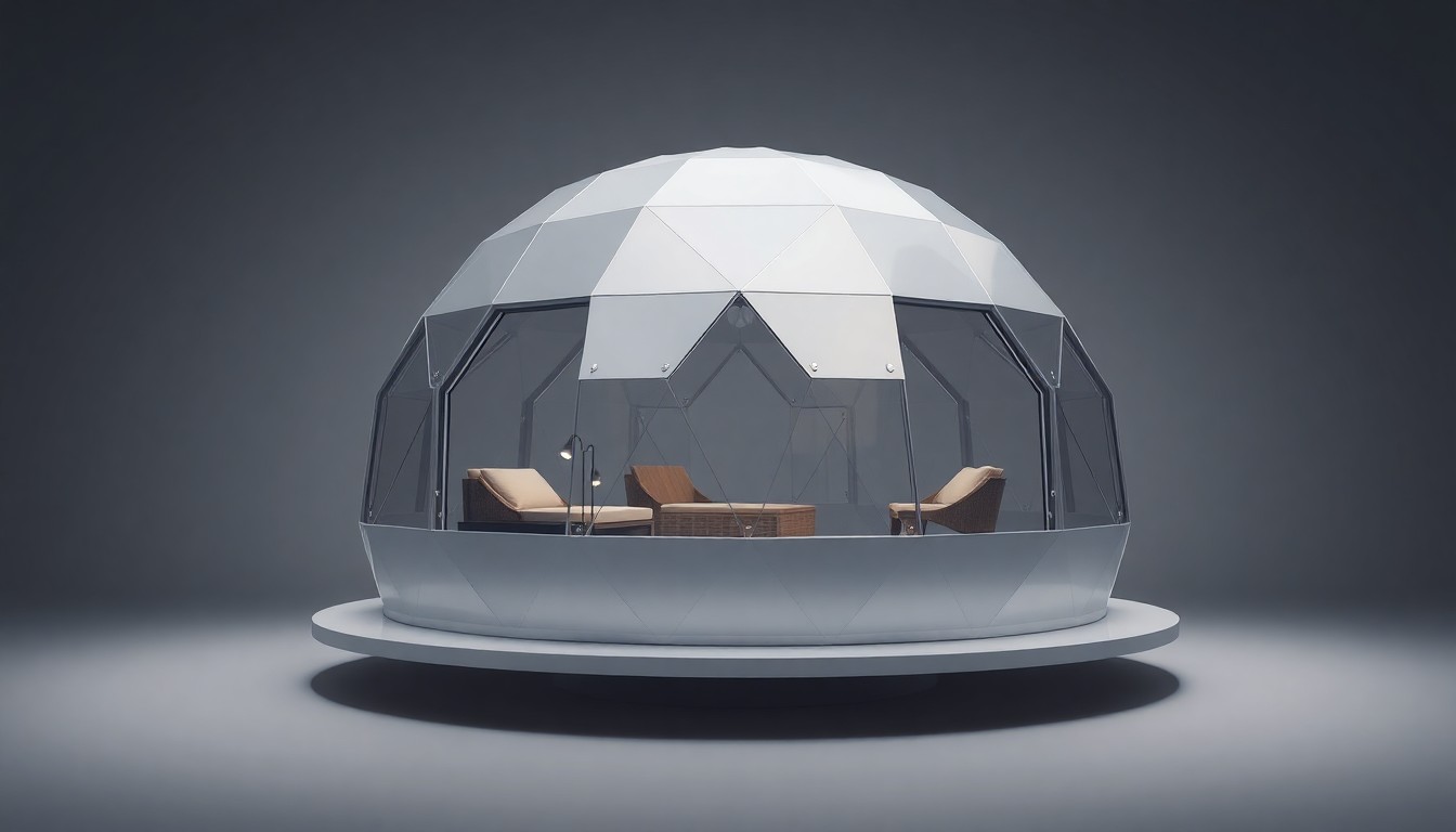 A photorealistic studio still life of a premium geodesic dome structure made from sleek aluminum and glass, floating on a clean, monochromatic background and illuminated by dramatic studio lighting to highlight its durability, structural integrity, and premium design.