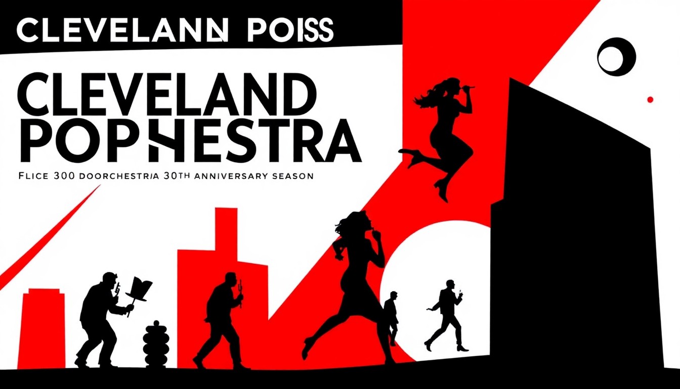A bold, abstract illustration featuring stark, jagged geometric shapes in high-contrast colors like red and white, conceptually representing the diverse musical styles and themes of the Cleveland Pops Orchestra's 30th anniversary season.