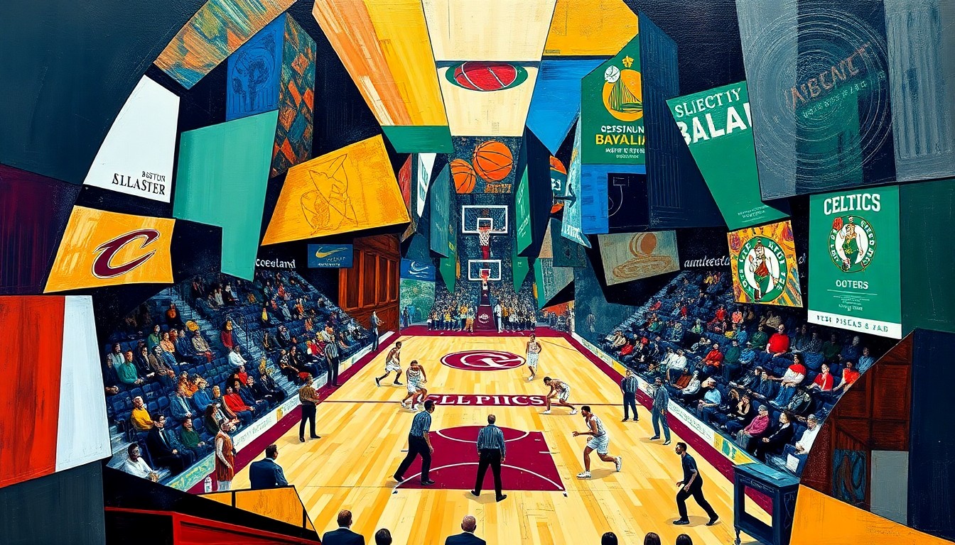 A cubist, geometric painting depicting a basketball game, with players and the court broken down into overlapping planes of color and shape, conveying the intensity and complexity of the Cavaliers' playoff journey.