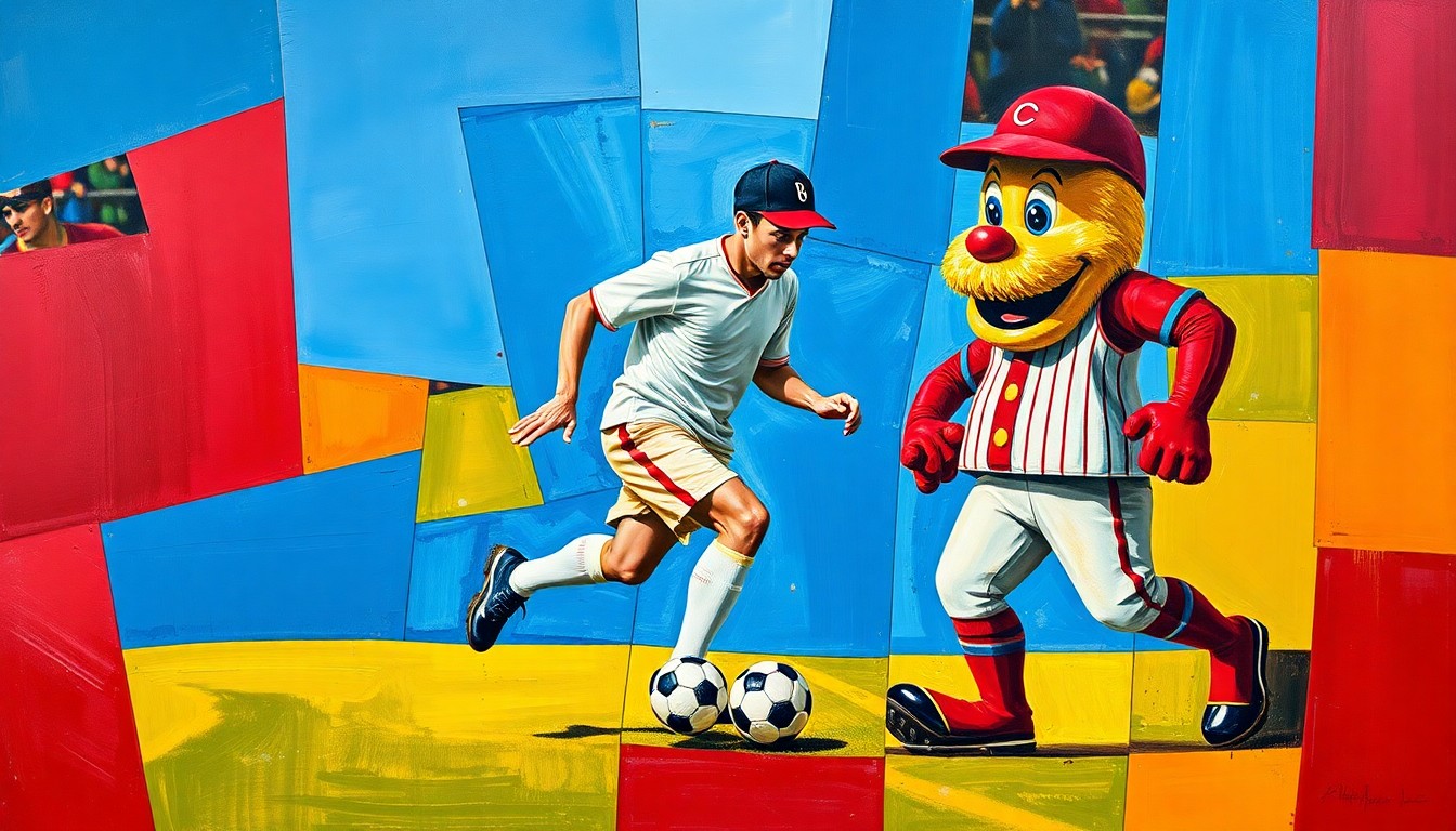 A fractured, cubist-style painting depicting a soccer player dribbling a ball and a baseball mascot figure, broken down into sharp, overlapping geometric shapes in vibrant colors.