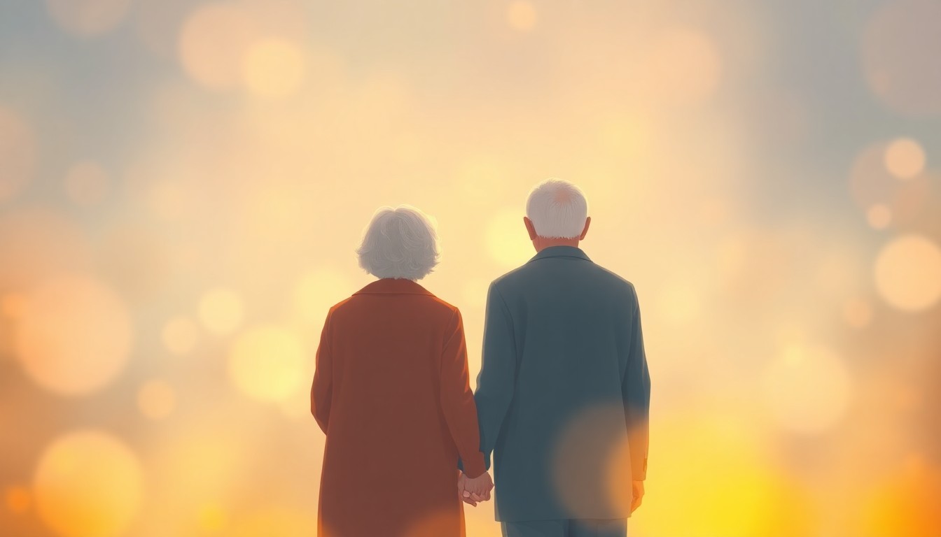 A soft, abstract image of an elderly couple holding hands, surrounded by warm, blurred pools of light and color, conveying a sense of comfort and community.