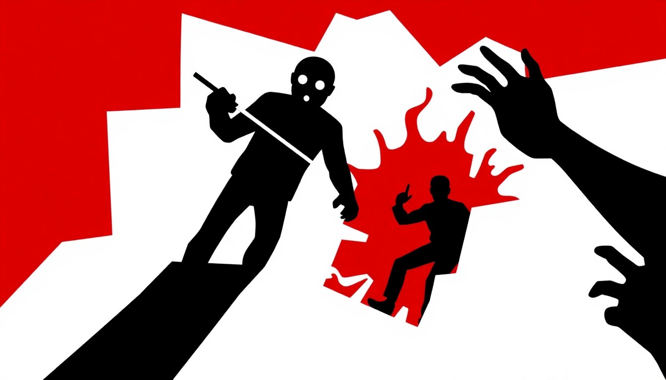 A bold, abstract illustration featuring stark, jagged geometric shapes and heavy black silhouettes in a high-contrast color palette, conceptually representing the horror and chaos of the 'Ice Cream Man' film.