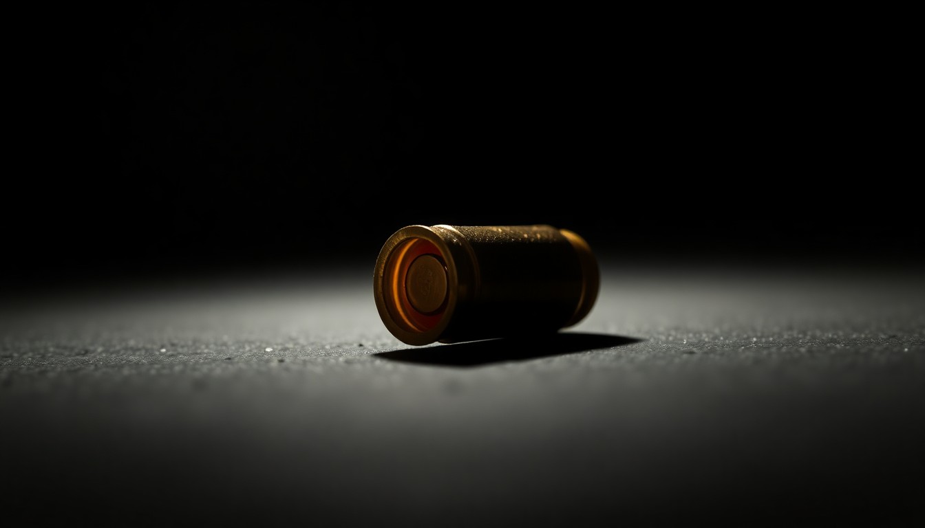 An extreme close-up photograph of a spent bullet casing on a dark surface, conceptually illustrating the aftermath of a shooting incident.