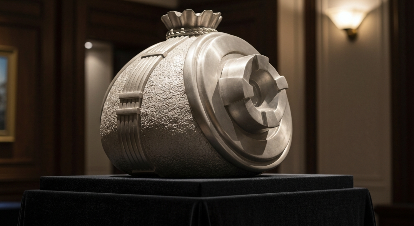 An extreme close-up of a highly detailed, metallic financial symbol or object, dramatically lit to create a sense of power and gravitas without using any text or words.