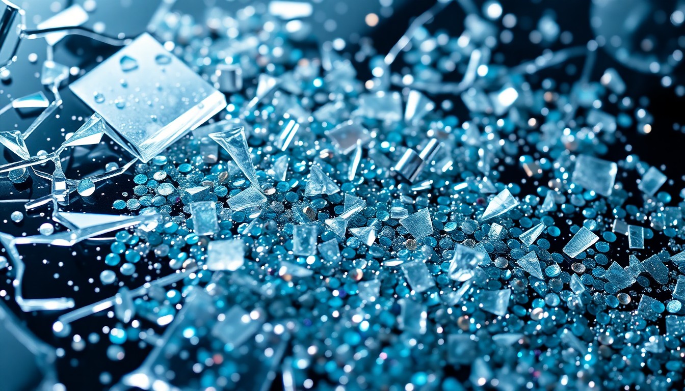 An abstract close-up image of shattered glass and glittering sequins, conveying the high-profile glamour and chaos surrounding Diddy's legal troubles.