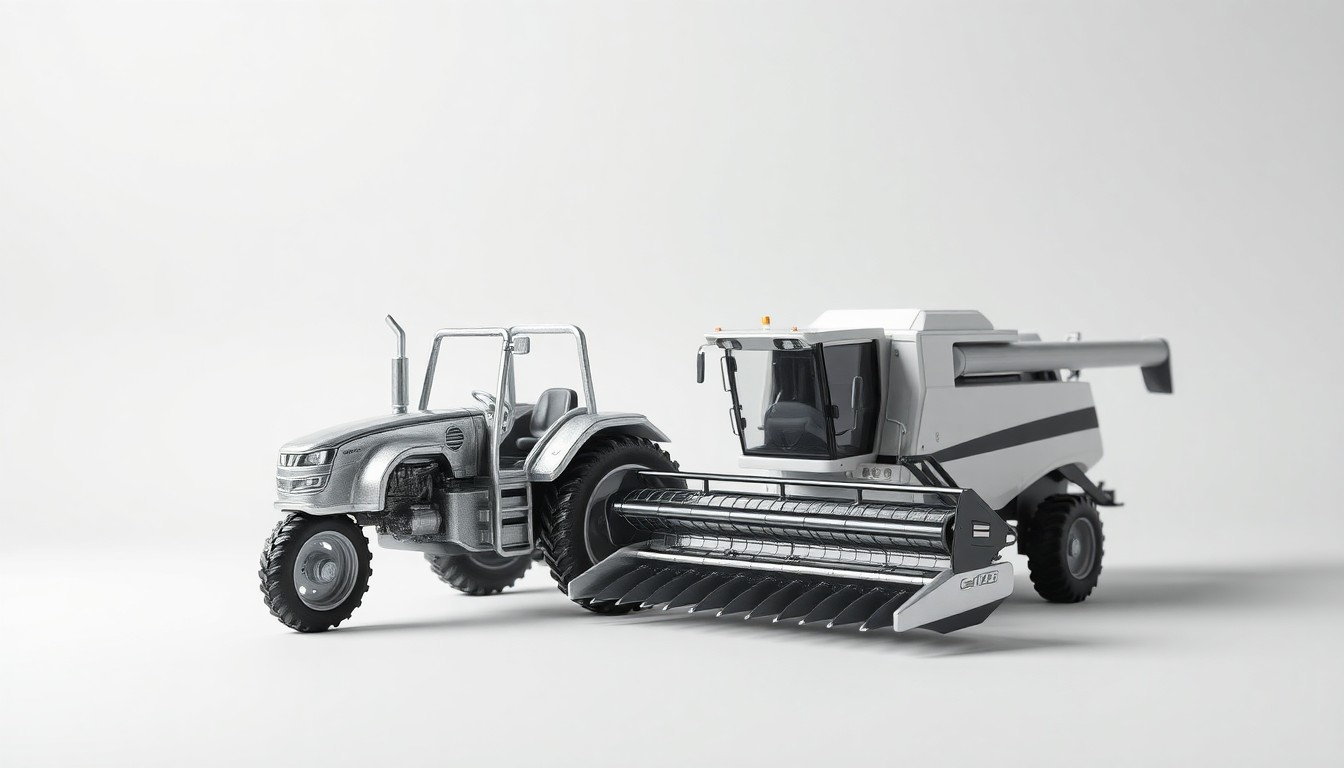 A high-end, photorealistic studio still-life photograph featuring a polished, geometric metal tractor model and a sleek, minimalist combine harvester model arranged elegantly on a clean, monochromatic seamless background, using sharp, dramatic studio lighting and deep shadows to represent the abstract concepts of agricultural technology, equipment innovation, and market trends.