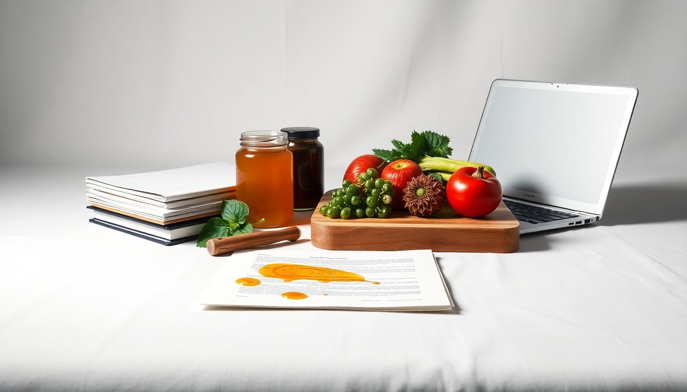 A high-end, photorealistic studio still-life photograph featuring an arrangement of premium, polished objects representing the key elements of the Hawaiʻi Ag & Culinary Alliance program - a jar of local honey, a cutting board with fresh produce, a stack of business documents, and a laptop computer. The objects are elegantly arranged on a clean, monochromatic background using dramatic lighting to convey the program's focus on taking food products from concept to commercial success.