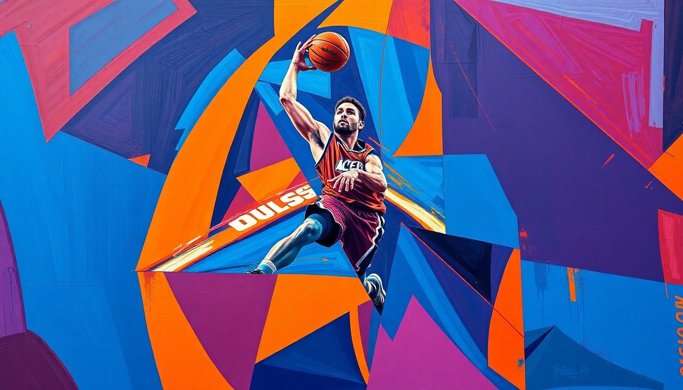 A cubist, geometric painting depicting a basketball player's movements and skills broken down into sharp, overlapping planes of color, conceptually representing the analytical and artistic nature of Luka Doncic's scoring prowess.