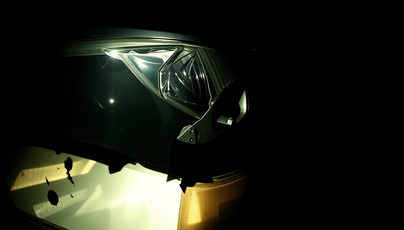 An extreme close-up photograph of a damaged vehicle part, such as a crumpled fender or shattered headlight, lit by a harsh, direct camera flash against a pitch-black background, conveying the gritty aftermath of a serious collision.