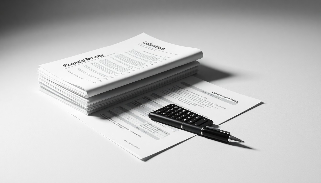 A minimalist studio still life featuring a stack of financial reports, a calculator, and a pen arranged on a clean, monochromatic background, conceptually representing Fastenal's corporate strategy and financial performance.