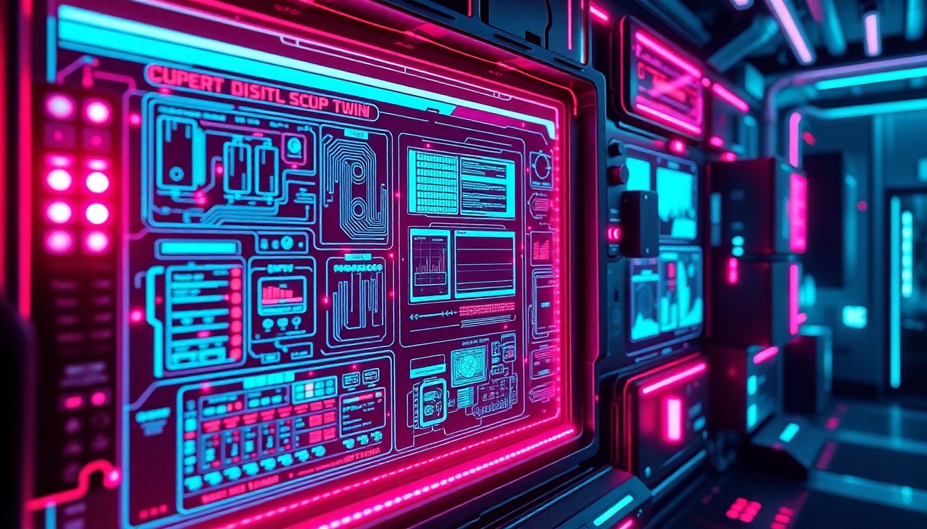 A highly detailed, glowing 3D macro illustration of a futuristic digital twin control panel, with neon cyan and magenta lights illuminating the intricate cybernetic hardware and software components, conceptually representing the convergence of physical and digital systems to enable real-time monitoring and predictive intelligence.