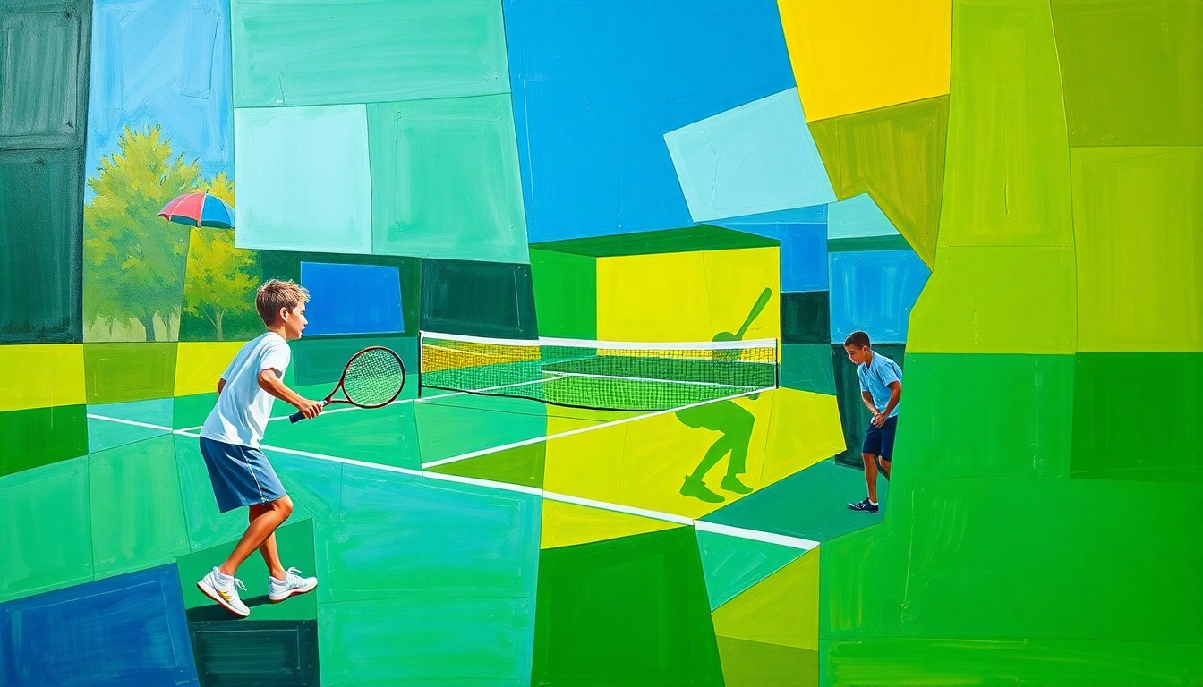A fragmented, geometric painting depicting the dynamic movements and competitive energy of a boys tennis match, with sharp planes of green, blue, and yellow hues.