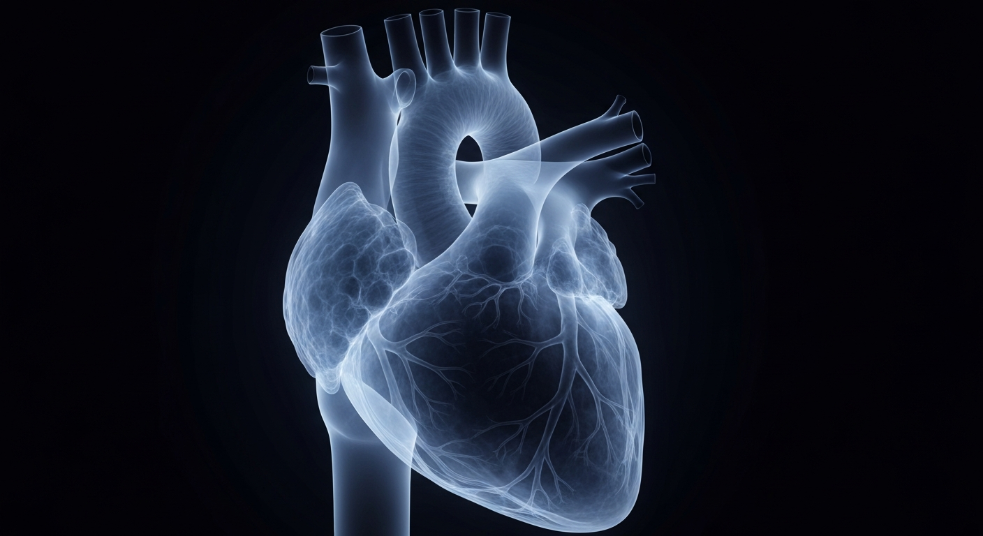 A ghostly, translucent X-ray photograph showcasing the intricate structure of a human heart, rendered in shades of blue and grey against a dark background, conceptually representing the fragility and complexity of the human body.