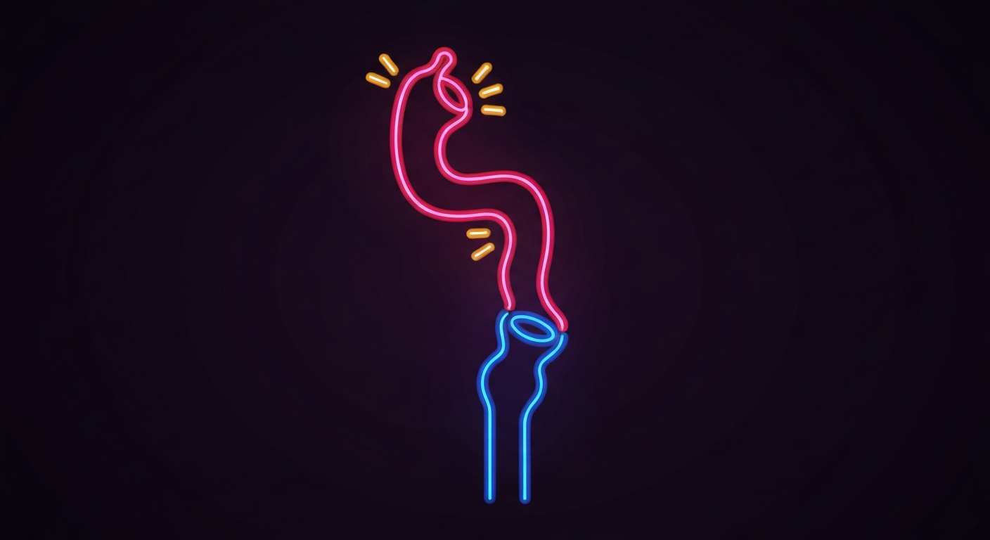 A glowing, neon outline of a human esophagus against a dark background, conceptually representing the internal inflammation and irritation of eosinophilic esophagitis.