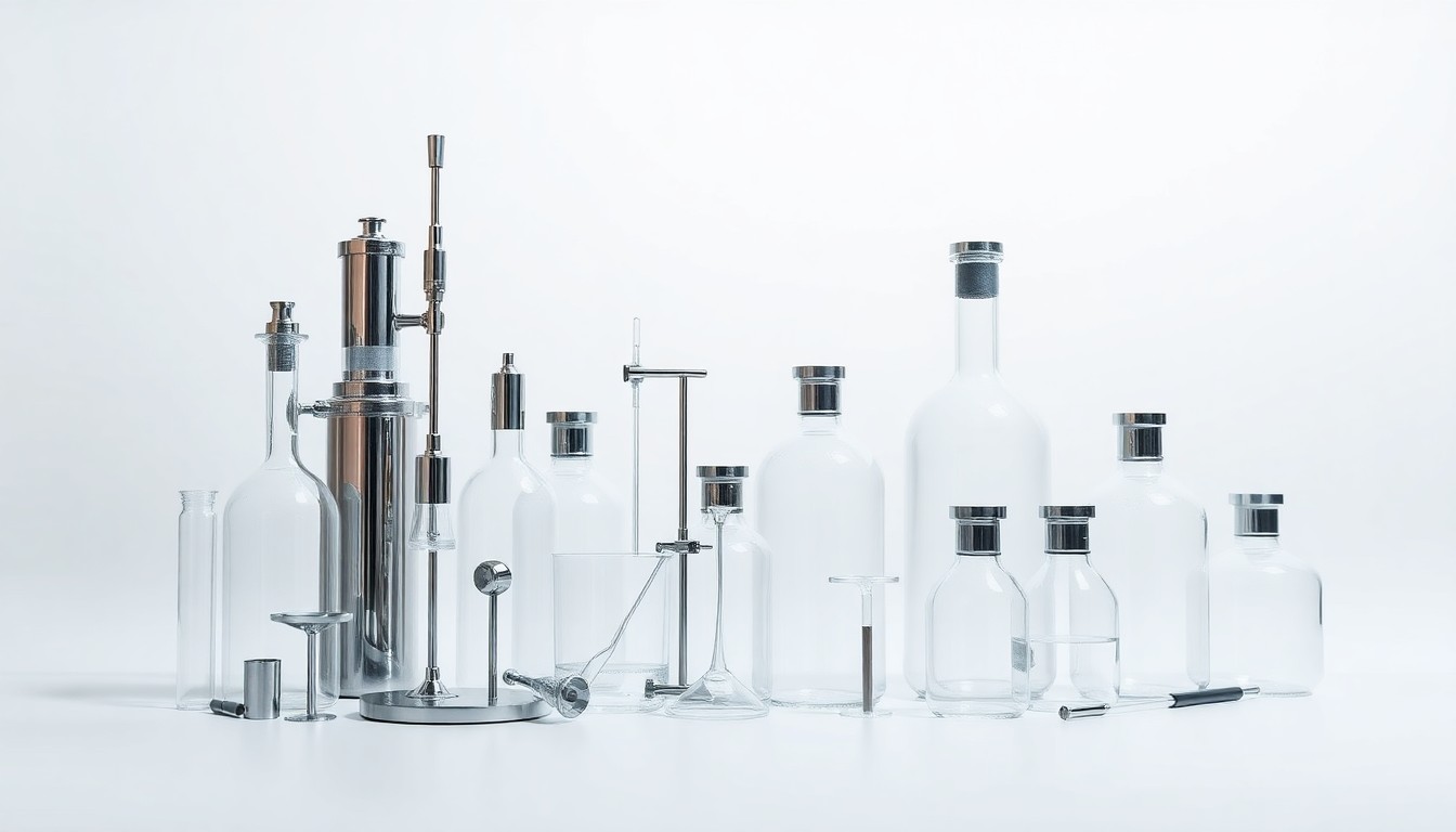 A photorealistic studio still life featuring a group of polished metal and glass laboratory equipment arranged elegantly on a clean, monochromatic background, symbolizing the abstract corporate strategy, finance, and regulatory risks facing the biotech industry.