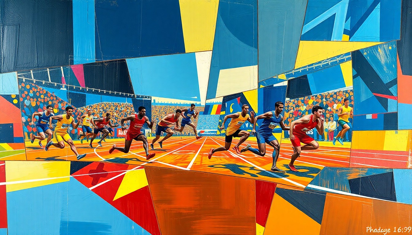 A cubist-style painting depicting the dynamic movements and competitive energy of a track and field event, with sharp geometric shapes and planes in a vibrant color palette.
