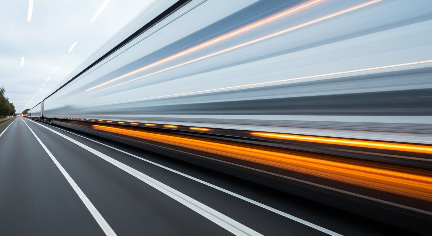 An abstract, blurred image of a semi-truck in motion, conveying a sense of speed and chaos on the highway.