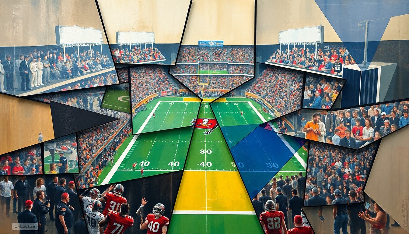 A cubist, geometric painting depicting a Buccaneers football game, with players and the field broken down into sharp, overlapping shapes and planes of color.