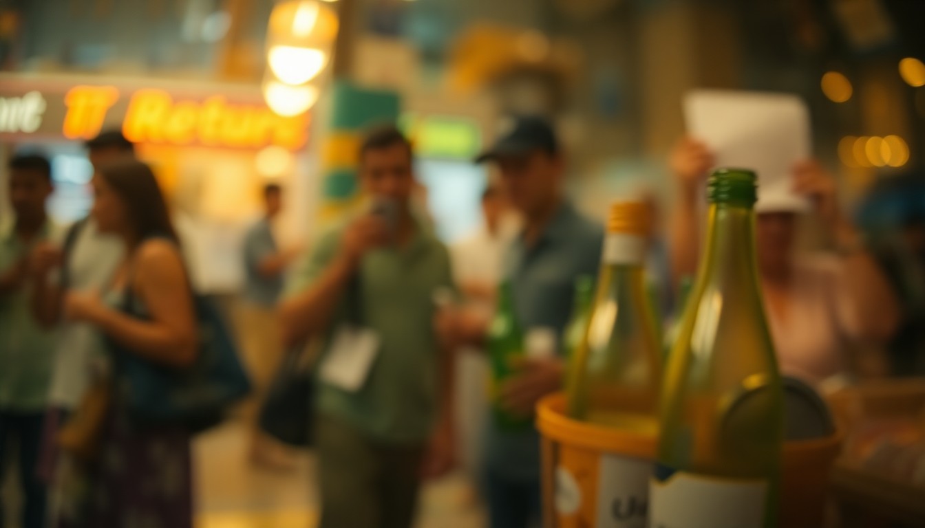 An abstract, impressionistic photograph of people recycling bottles and cans, with soft, blurred colors and lighting creating a warm, celebratory mood.