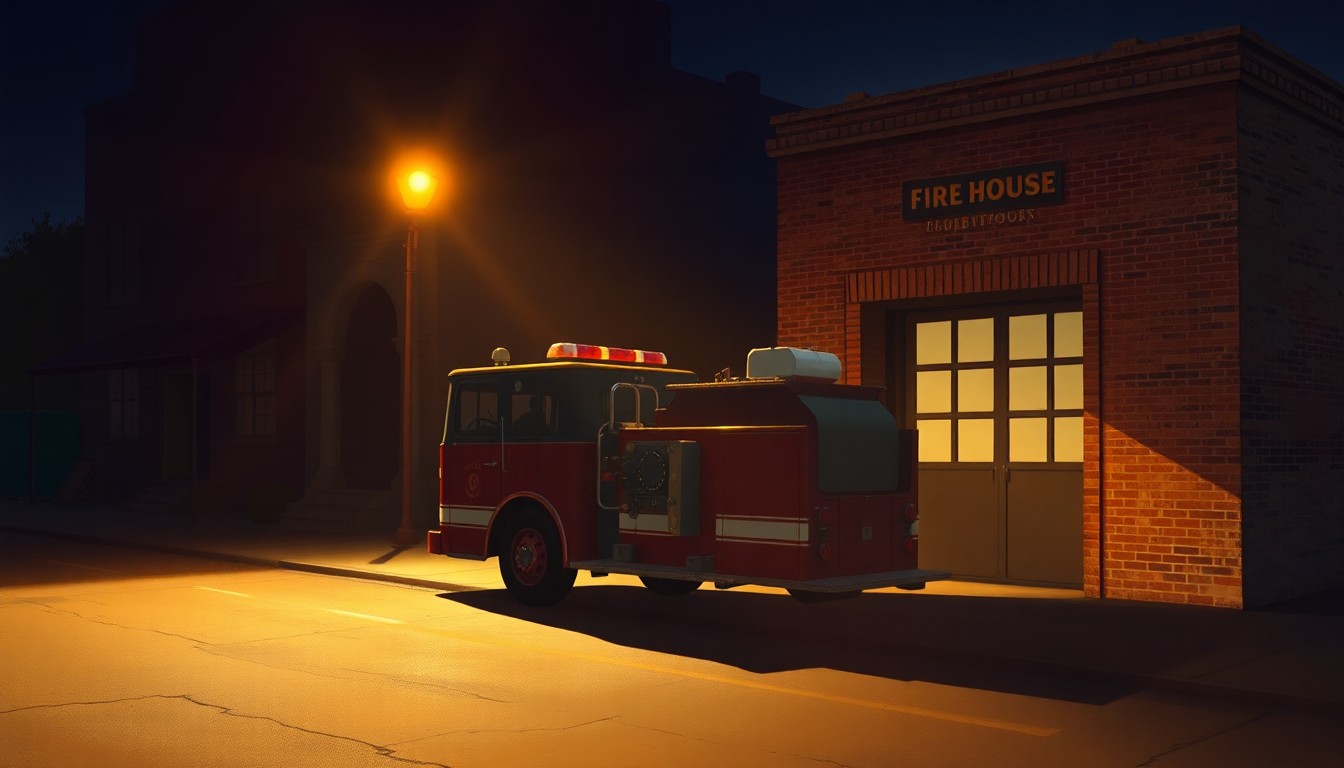 A nostalgic, cinematic painting depicting an old red fire engine parked outside a simple brick firehouse, with warm sunlight casting deep shadows across the scene, conceptually representing the city's investment in upgrading its fire department facilities.