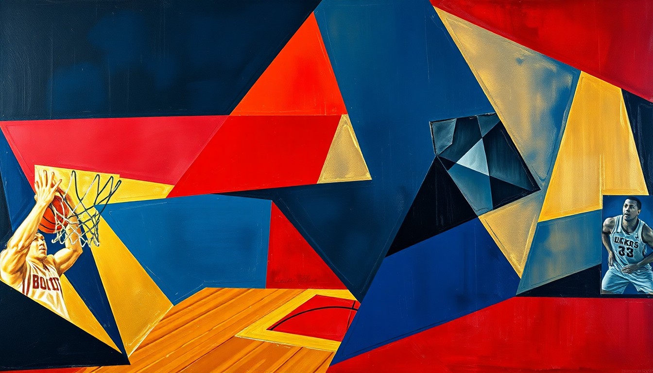 A fragmented, geometric painting depicting a basketball game in motion, with sharp planes of navy, crimson, and gold colliding to create a dynamic, abstract composition.