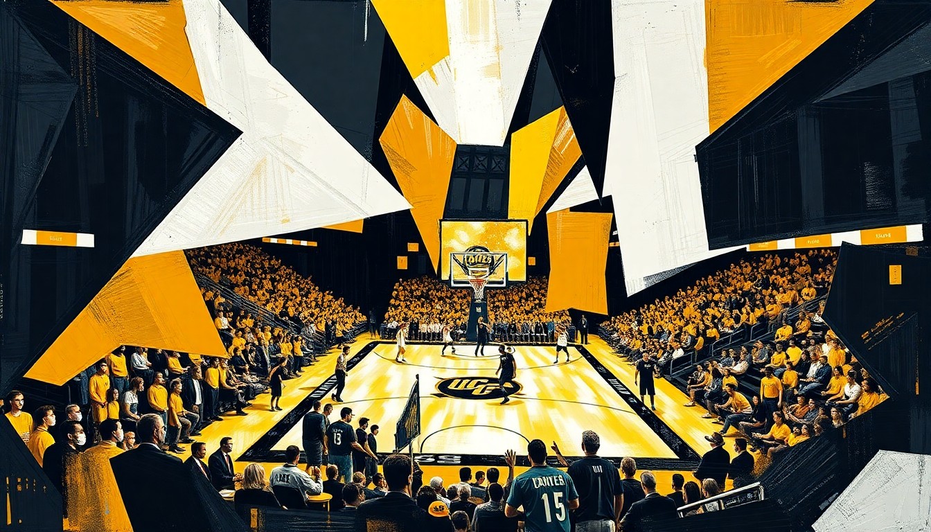 A fragmented, cubist-style painting depicting the dynamic movements and energy of a college basketball game, with the sharp geometric planes and vibrant colors representing UCF's team colors.