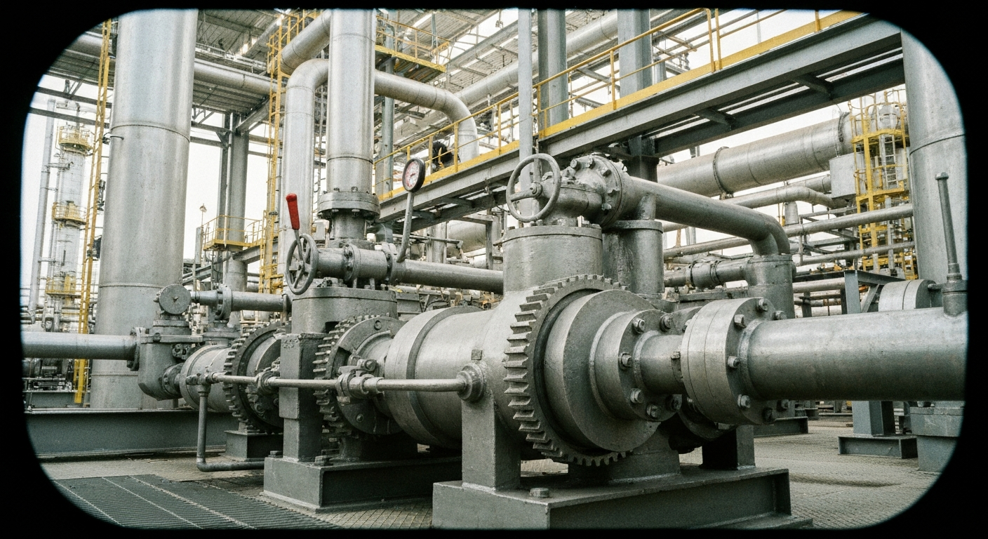 An extreme close-up of complex, interlocking oil and gas industry machinery, conveying the technical sophistication and capital-intensive nature of Chord Energy's operations.