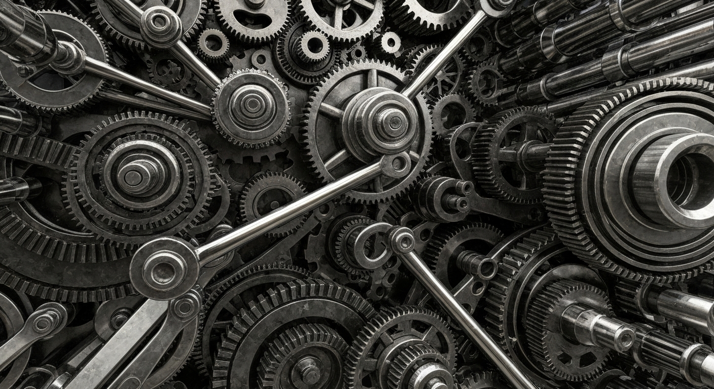 An extreme close-up of a complex array of industrial machinery and equipment in muted metallic tones, conveying the intricate financial and institutional forces shaping the outlook for a major biotechnology company.