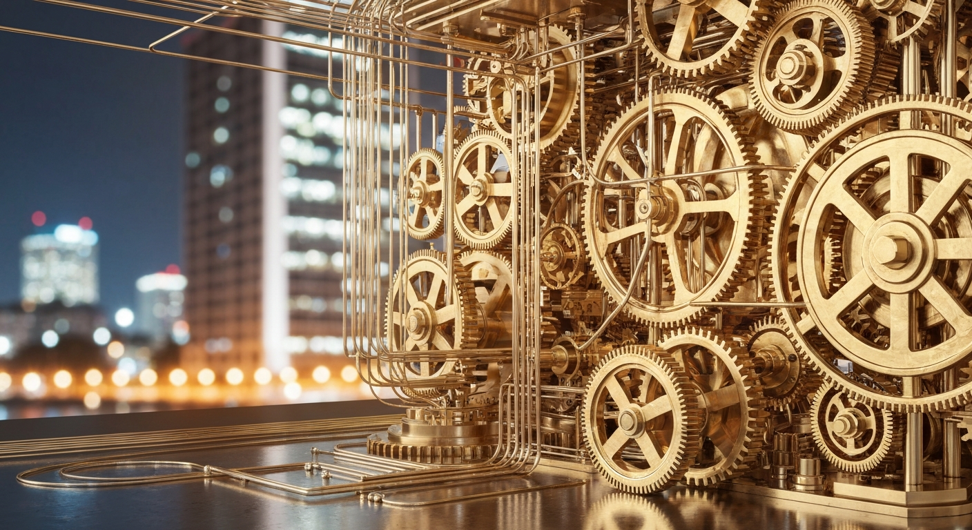 An extreme close-up of intricate, heavy industrial banking machinery and equipment, conveying a sense of institutional financial power and security without using any literal currency or financial symbols.