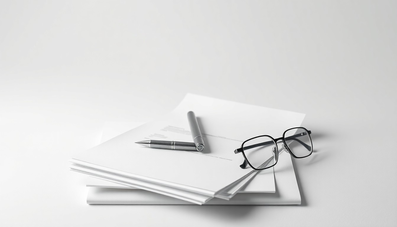 A minimalist studio still life photograph featuring a stack of legal documents, a pen, and a pair of reading glasses arranged elegantly on a clean, monochromatic background, conceptually representing the abstract corporate strategy and finance behind Cooley's high-profile talent acquisition.