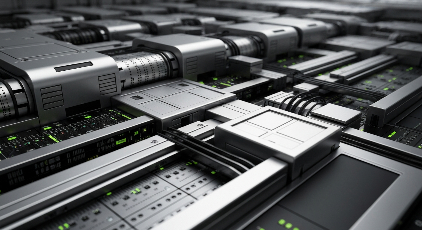 A highly detailed, cinematic close-up image of various metal and electronic components that make up the complex machinery and computer systems behind online trading platforms, conveying the intricate financial infrastructure supporting the democratization of retail investing.