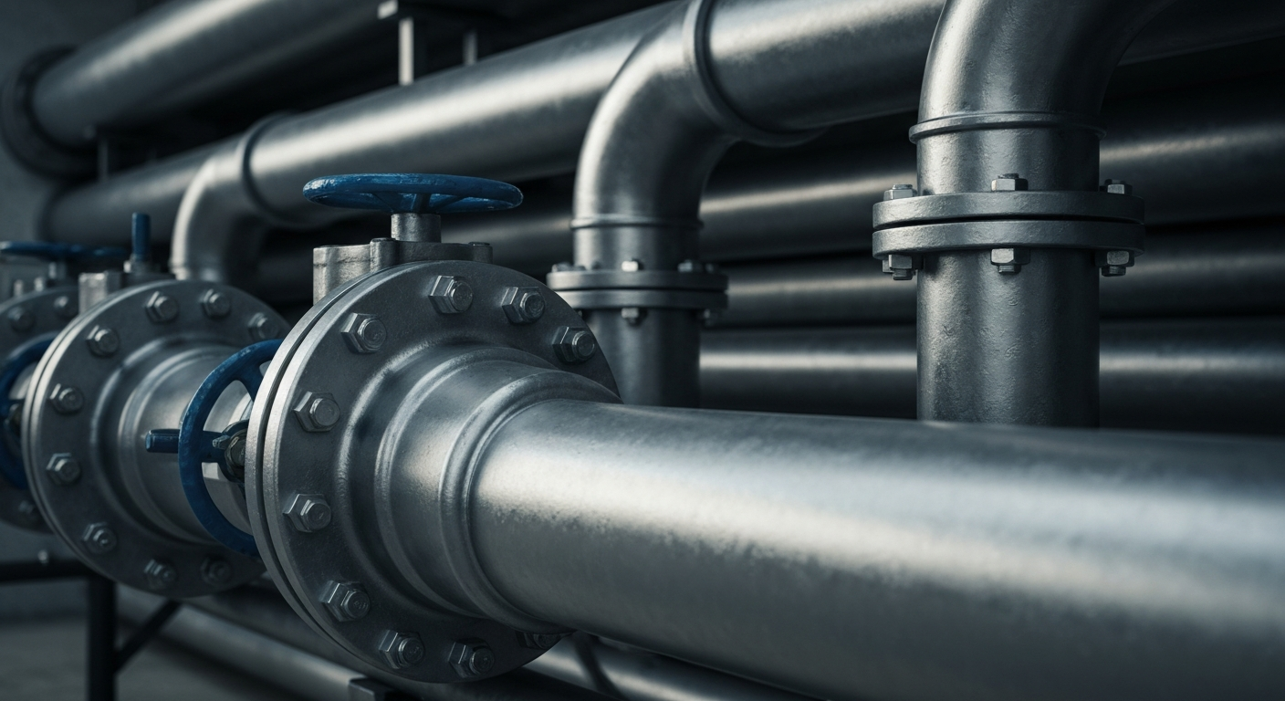 An extreme close-up of shiny, metallic water pipes and valves, conveying the robust infrastructure that powers a modern water utility company.