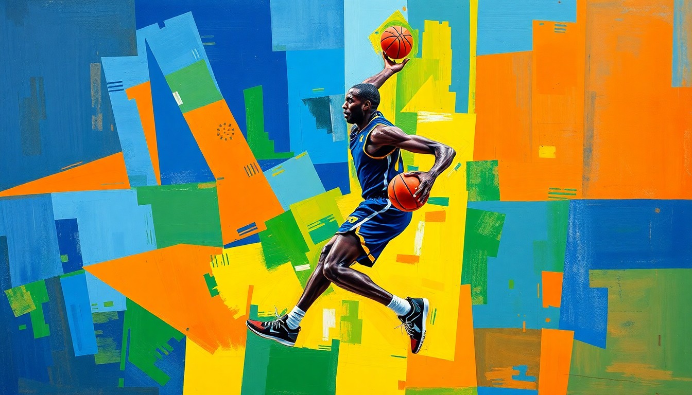 A fragmented, geometric painting depicting the dynamic movements and actions of a basketball player, rendered in a cubist style with bold, overlapping shapes and vibrant colors.