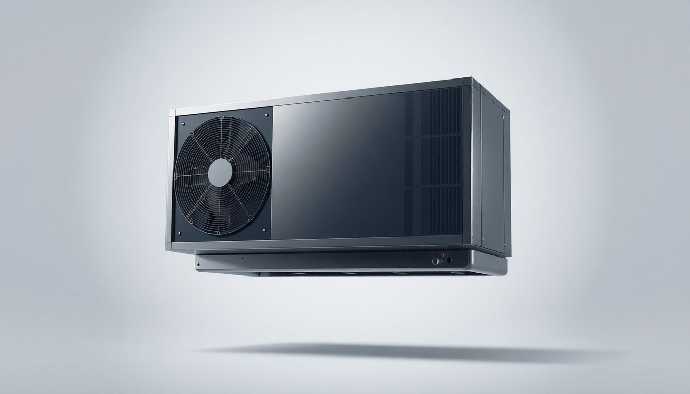A minimalist, photorealistic studio still-life photograph of a sleek, modern HVAC unit made of polished metal and glass, floating on a clean, monochromatic background and illuminated by dramatic studio lighting, conceptually representing the quality and precision of Champion Air's HVAC solutions.