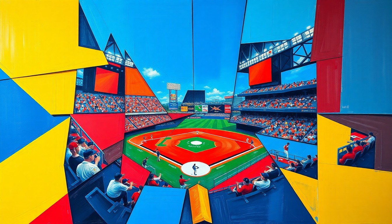 A fragmented, geometric painting depicting a baseball game or competition, with sharp planes of color and overlapping perspectives, capturing the intensity and competition of the sport.