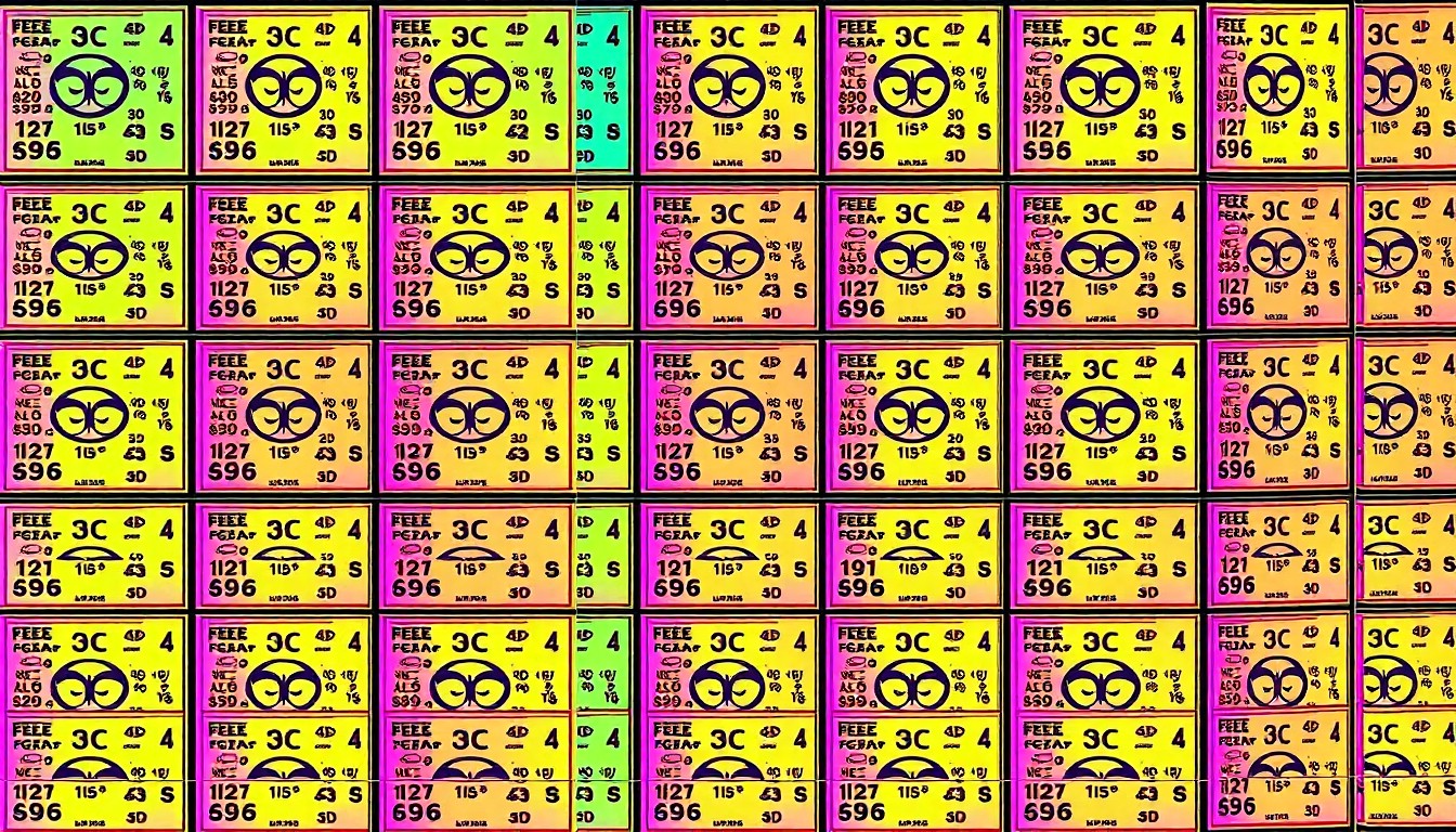 A highly stylized, abstract grid of brightly colored lottery ticket icons in vibrant neon hues, conceptually representing the excitement and randomness of winning the lottery.