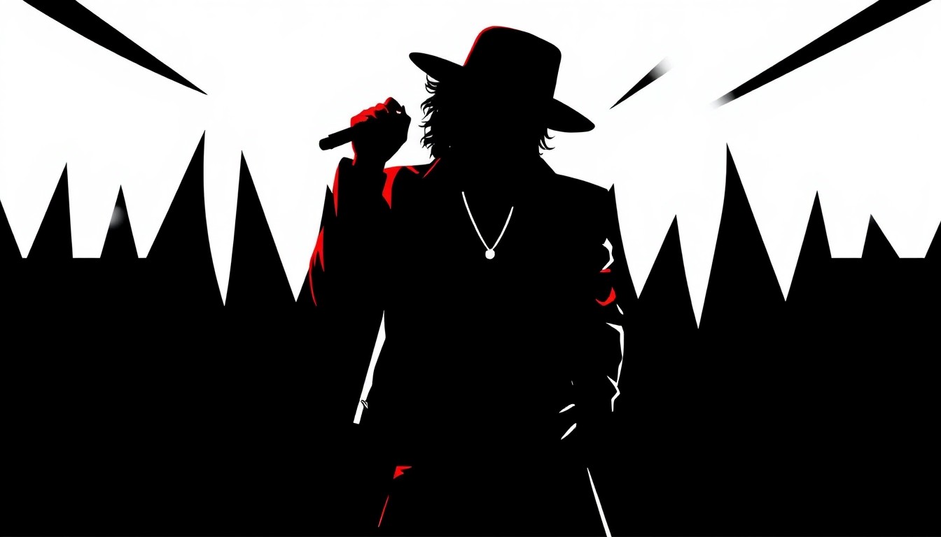 An abstract, minimalist illustration featuring bold, jagged black shapes against a stark white background, conceptually representing the iconic silhouette of Michael Jackson in performance.