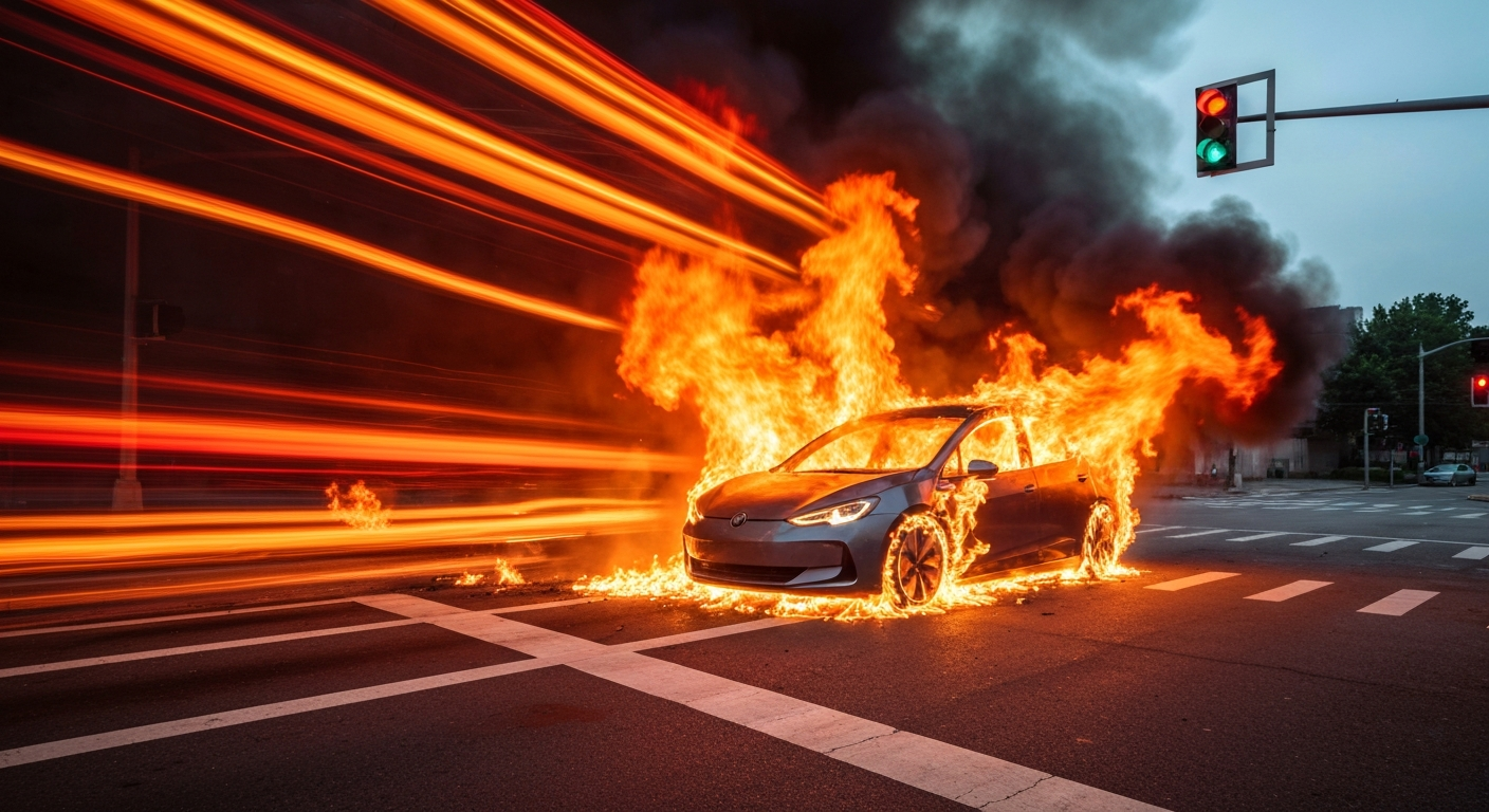 An abstract, impressionistic image of an electric vehicle engulfed in flames, with the motion of the fire and vehicle creating sweeping, colorful brushstrokes across the frame, conveying the chaos and danger of the situation.