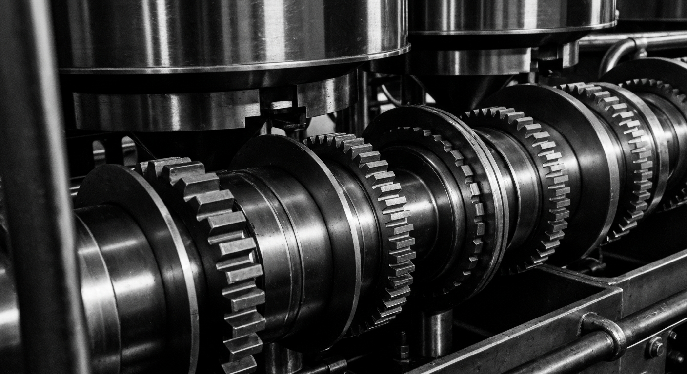 A high-contrast, black-and-white close-up image of the intricate inner workings of an industrial chemical mixing and packaging machine, conveying the heavy, physical nature of the specialty chemicals industry.