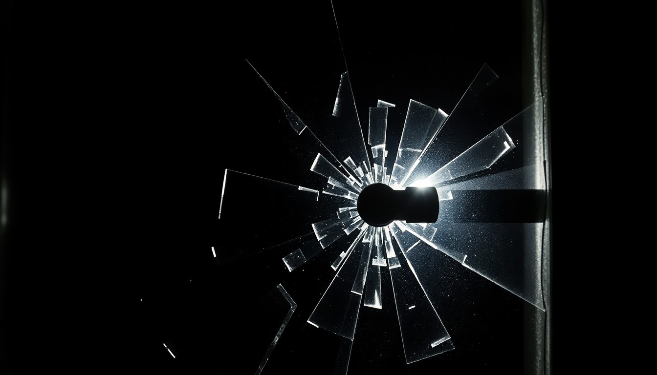 An extreme close-up photograph of a shattered glass window or broken lock mechanism from the Brûlée Chicago restaurant, capturing the stark, gritty aftermath of a targeted break-in at the newly opened establishment.